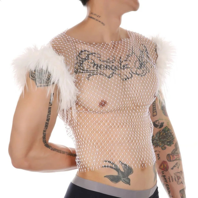Sheer Fishing Net Vest Men Sexy Feather Sleeveless Top Shiny Hollow Out Rhinestone Mesh Tank Tops Gay Sissy Night Club Costume 250411