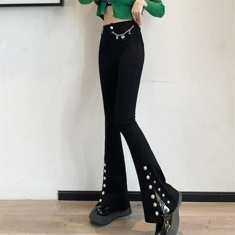 Women Korean Fashion Retro Chain Buttons Harajuku Black Flare Pants Y2K Female Skinny Stretchy Trousers Autumn Winter Pantalones 240820