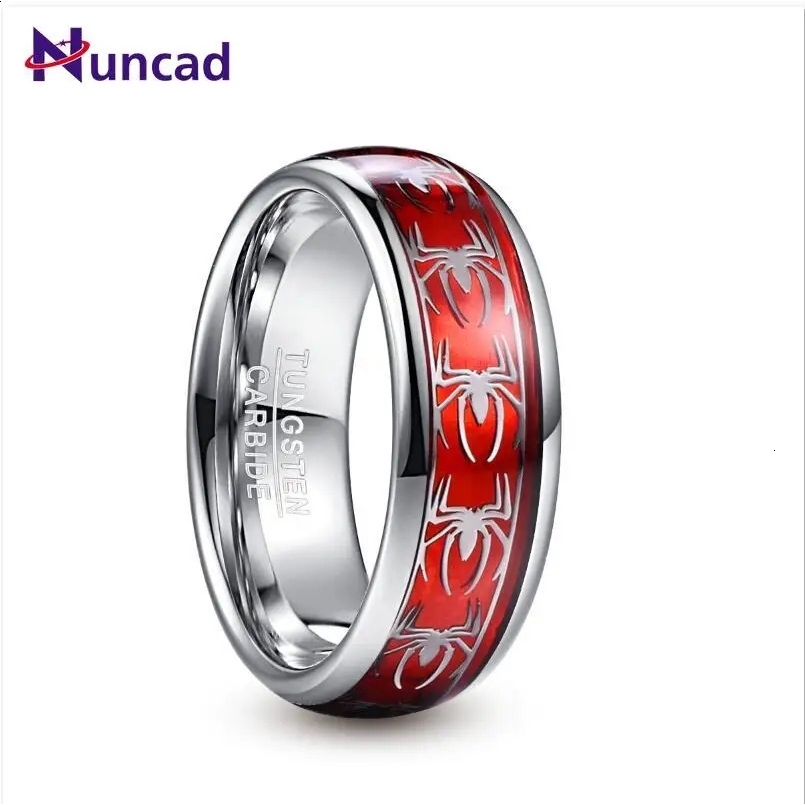 NUNCAD 8mm Wide Inlaid Red Opal Paper Spider Motif Tungsten Steel Mens Ring Wedding Band Tungsten Carbide Ring T227R 240125