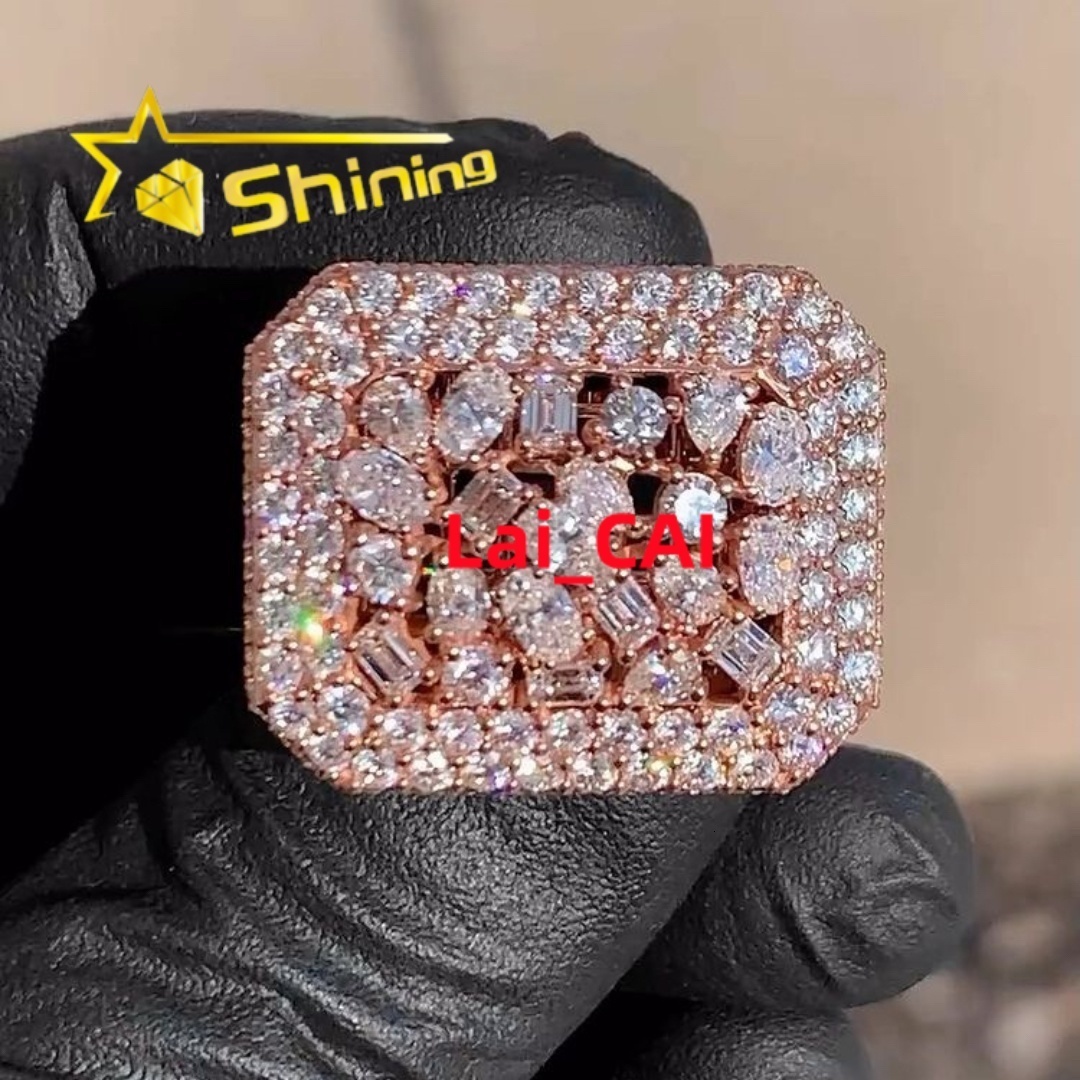 Luxury Hip Hop Ring 925 Sterling Silver Rose Gold Plated Iced Out Fancy Cut Buss Down Thick VVS Moissanite Diamond Ring Men