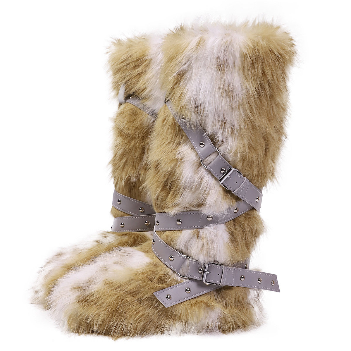 Designer shoes free shipping New leopard print high tube tied furry boots with children's velvet and rivet thick bottom snow boots grey khaki