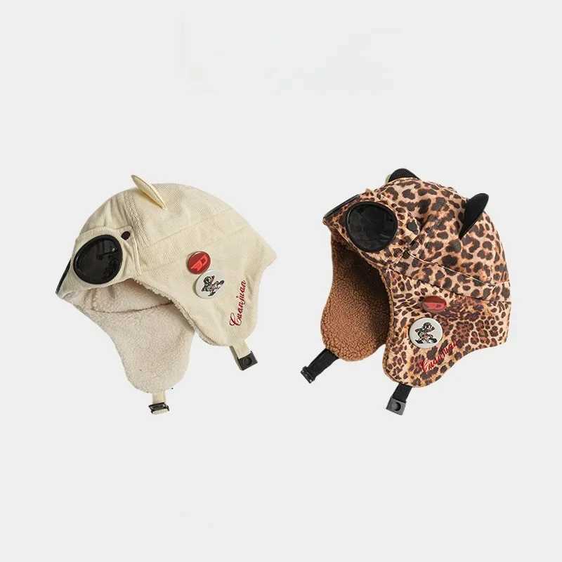 New Kids Girl Boy Pilot Hat with Goggles Cotton Fleece Lined Earflap Cap Cat Ears Winter Warm Thickened Familys Aviator Hat Z251029