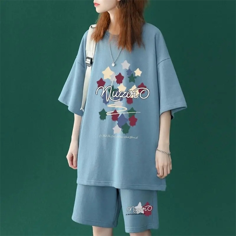 Oversized Retro Fashion Printing Athleisure Fashion Wide Leg Pants Two-piece Suit Summer Trend Young Style Elastic Waist T-Shirt 240820