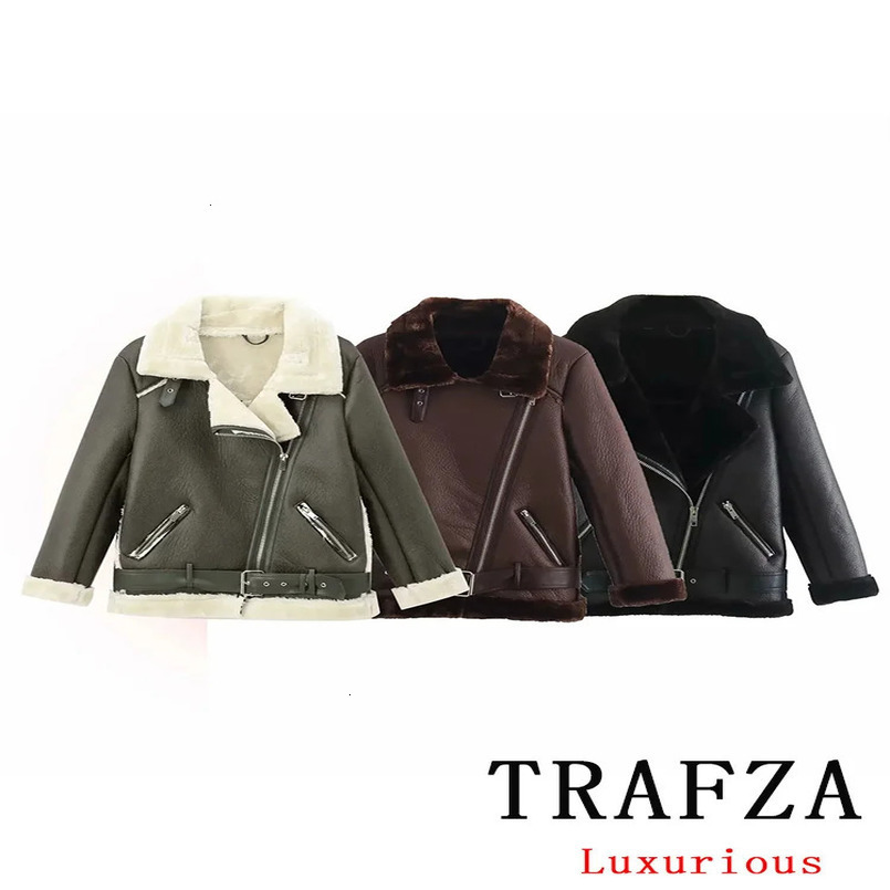 TRAFZA Vintage Casual Chic Women Leather Fur Jackets Solid Zipper Belt Thick Coat Fashion Autumn Winter Warm Office Outwear 241220