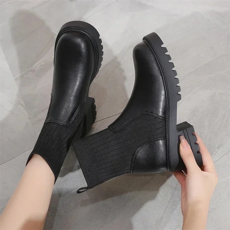 Autumn Winter Fashion Women Chelsea Boots Female PU Leather High Heels Boots Platform Shoes Ladies Knitted Sexy Ankle Boots 241030