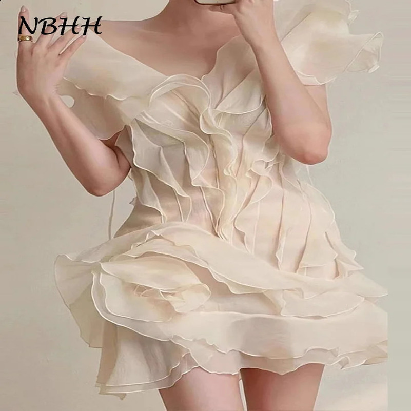 Irregular Ruffle Flower Dress Women V Neck Sleeveless Pleated High Waist Dresses 2025 Spring Summer Sweet Soft Lady Beach Gowns 250313