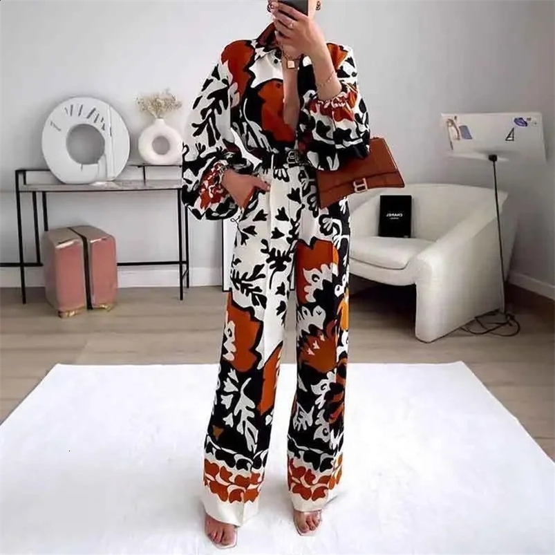 Fashions Printed Two Piece Set Women Autumn Pant Sets Lapel Long Sleeve Shirts High Waist Wide Leg Pants Suits Casual 240826