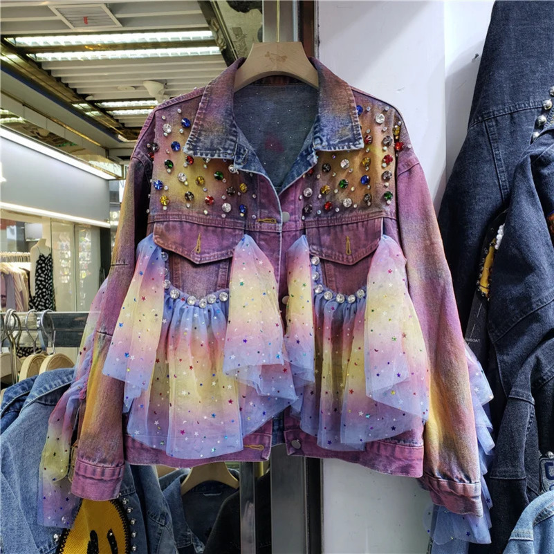 Tie Dye Gradient Color Diamonds Mesh Splicing Pocket Denim Jacket Women Cow Outerwear Loose Short Jeans Jacket Coat Female 250122