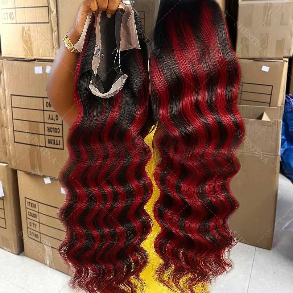 1B99j Burgundy Highlight Lace Front Wig 30 Inch 5x5 Glueless Body Wave Wear And Go Wigs Brazilain Red Colored Human Hair Wigs C250922