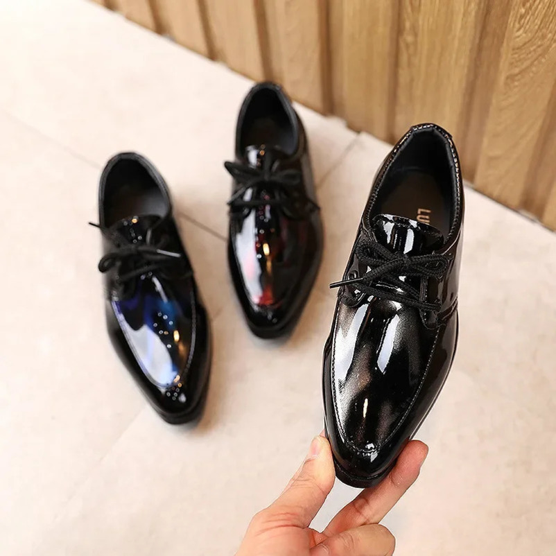 Children Patent Leather Shoes Fashion Pointed Toe Lace Up Boy Shoes Black Casual Dress Flats Comfortable Soft Sole Kids Shoes 241220