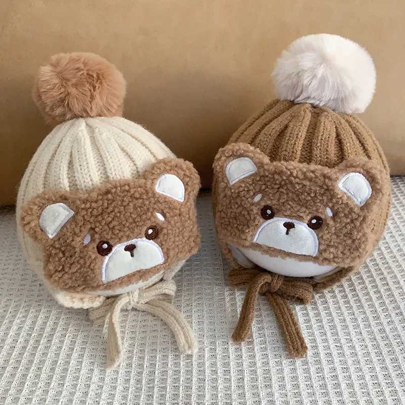 Cartoon Bear Baby Ear Protection Cap Cute Plush Ball Toddler Beanie Winter Warm Woolen Pullover Cap 336M Children Knitted Hat Z251029
