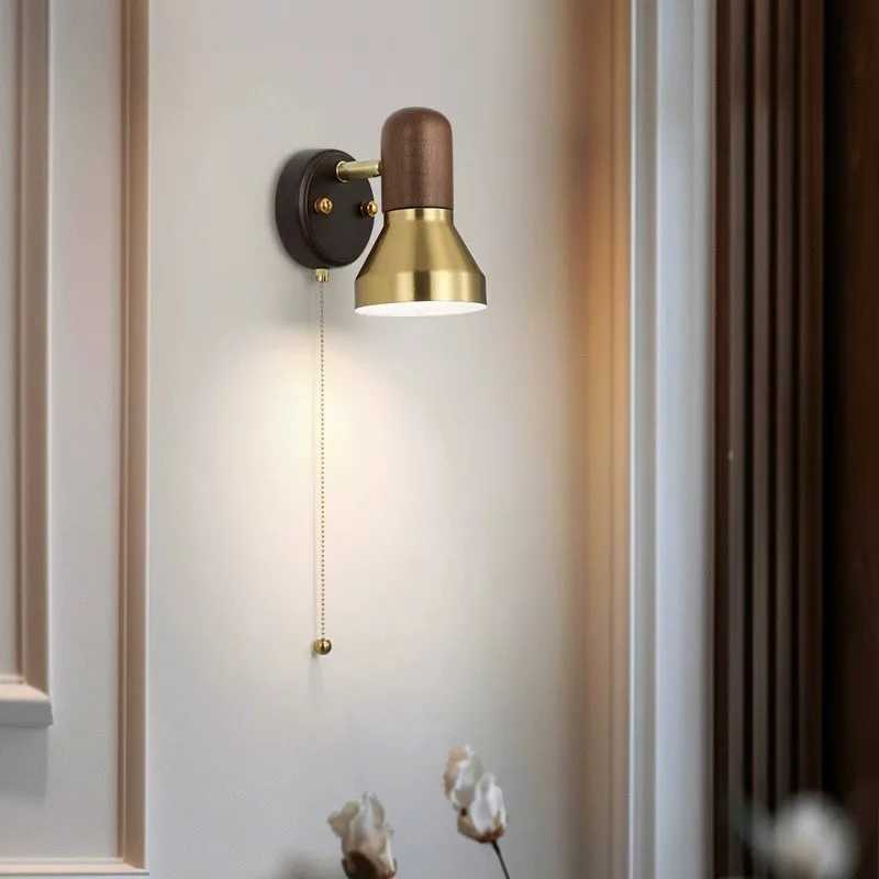 Retro LED solid wood wall lamp with zipper switch living room aisle bedroom bedside lamp with adjustable angle reading lighting C251124