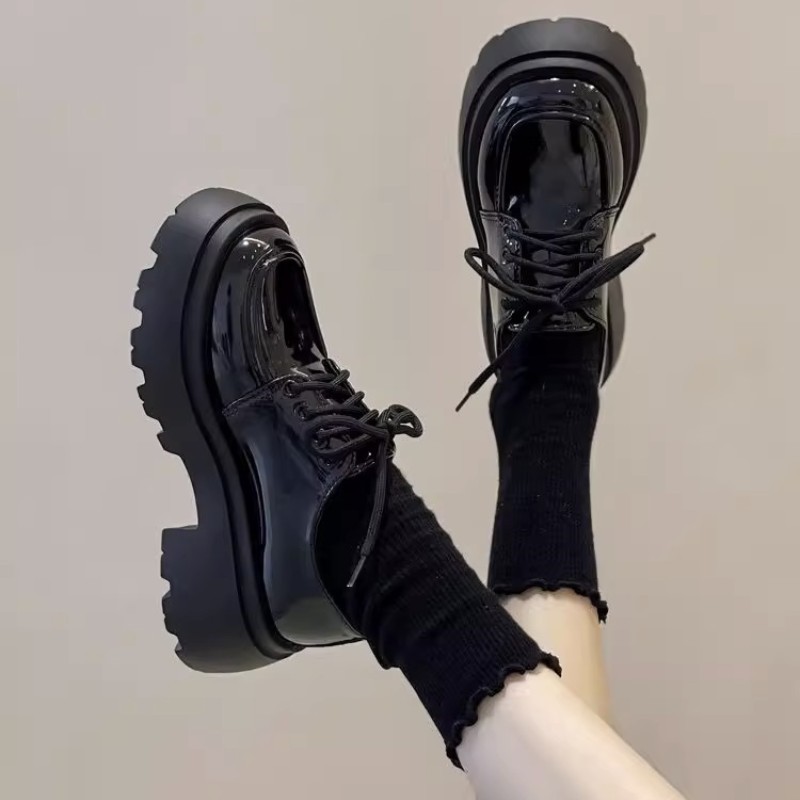 Platform Leather Shoes Women's Fashion New Spring Versatile Black Lace-up Loafers
