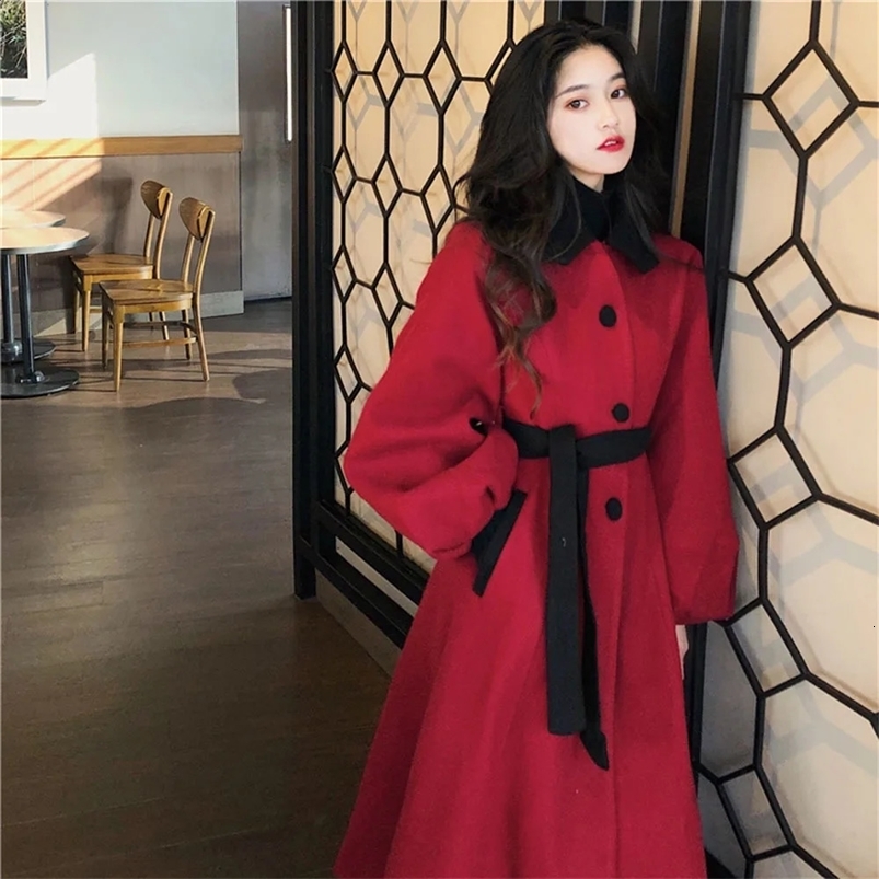 Autumn Winter Wool Jackets For Women French Retro Red Literary Court Ladies Mid-length Lantern Sleeve Faux Woolen Coats 240822