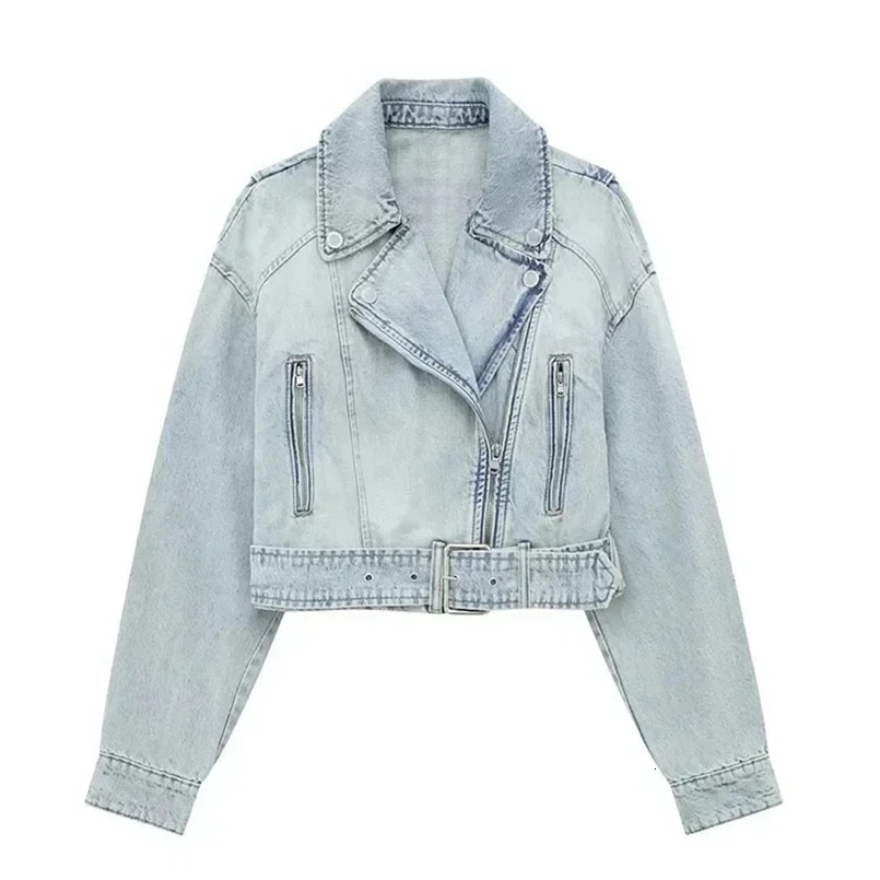 TRAF Women Vintage Lapel Zipper Denim Jacket Spring Autumn Lady High Street Loose Short Moto Biker Coat Outwear 240827