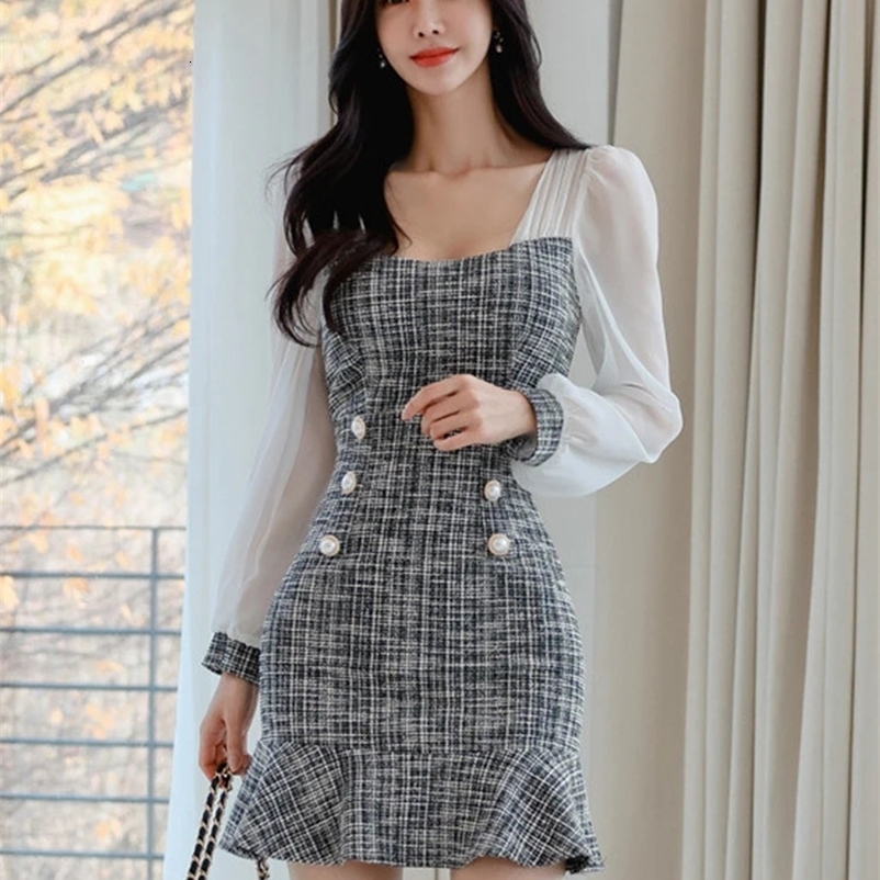 Korean Elegant Office Dress Women Casual Square Collar Chiffon Stitching Tweed Mini Sweet Mermaid Slim Female Vestido Streetwear 240529
