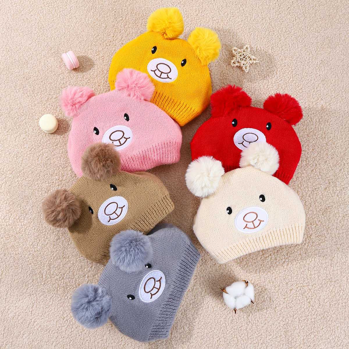 Cute Bear Beanie Cap for Baby Boy Girl Cartoon Pompom Warm Knitted Hat Neck Cover Autumn Winter Toddler Ear Protection Caps Z251029