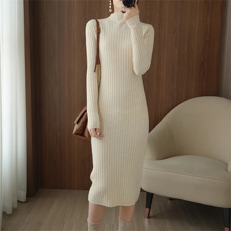 Premium Ladies Cashmere Dress Long Sleeve Knit Solid Color Half Turtleneck Womens Cashmere Dress Sweater 240529