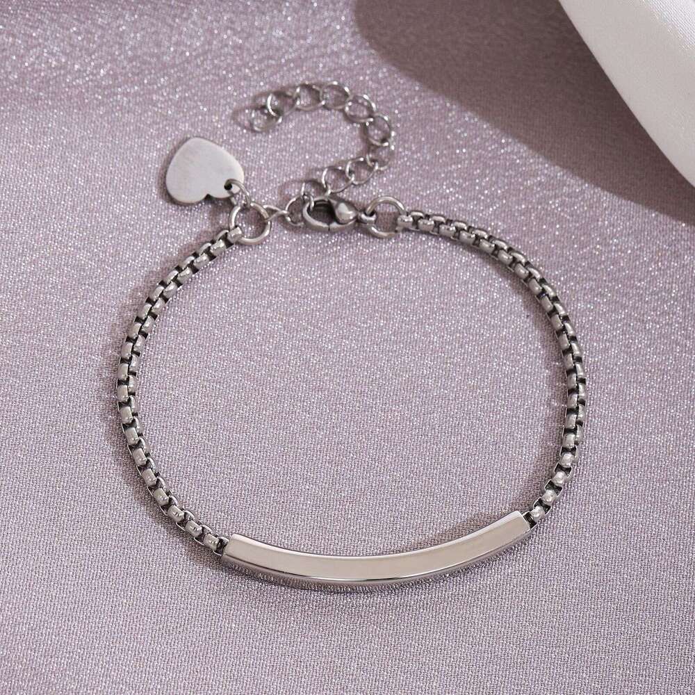 Brand New Stainless Steel Rectangular Bent Heart Pendant Bracelet for Women - Engraved Adjustable Charm Jewelry Z260313