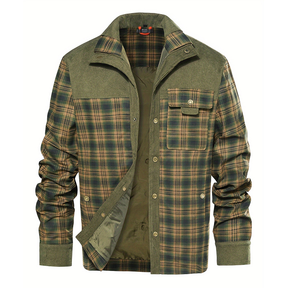 Men's Plaid Shirt Corduroy Spring and Autumn Cotton Jacket Shirt Casual Long-sleeved Button Shirt Coat with Pockets