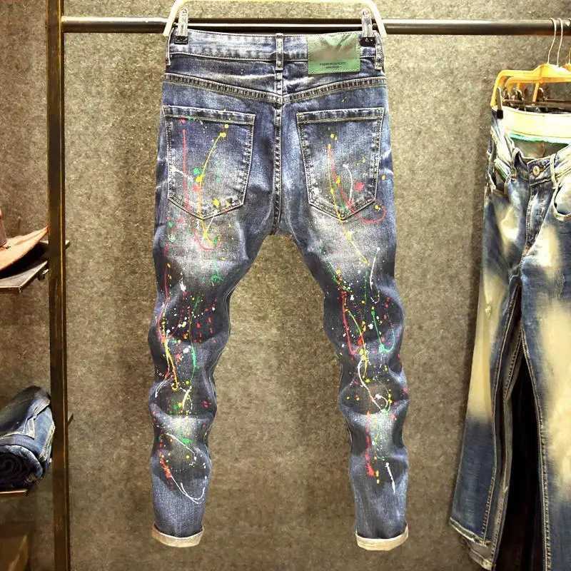 Spring Autumn Designer Clothes Mens Korean Stylish Slim Fit Jeans Fashion Trendy Painted Denim Pants Ink Stretch Skinny Pants L250923