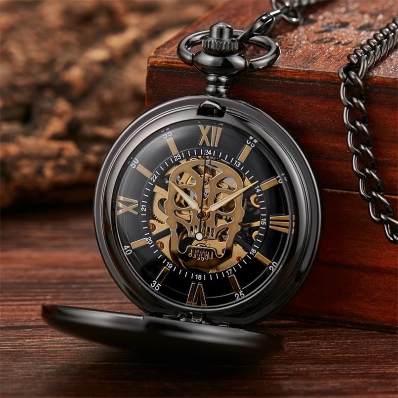 Gold Skull Mechanical Pocket Watch Steampunk Skeleton Hand-wind Flip Clock Fob Watch With Chain For Men Women Collection 240626