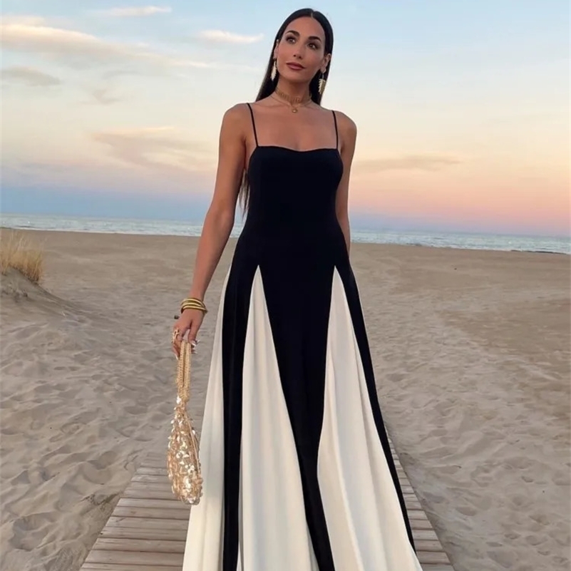 Elegant Black White Contrasting Women Sling Dress Fashion Backless Sleeveless High Waist Maxi Dresses Female Party A-line Robes 241228