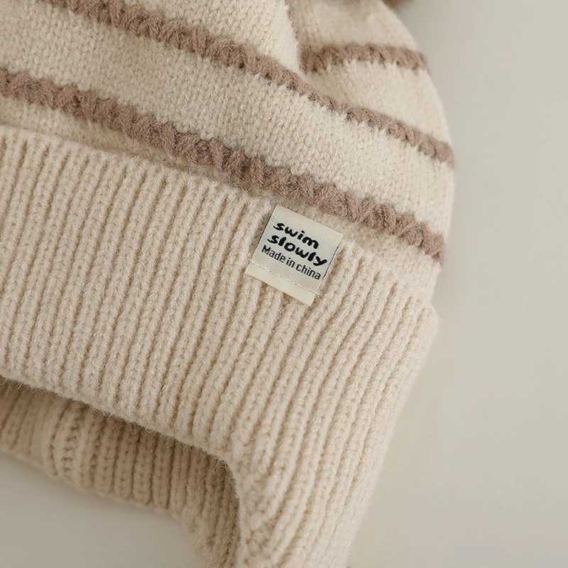 Fluffy Fur Ball Baby Knitted Ear Protection Hat Fashion Striped Kids Earmuffs Cap Winter Warm Children Woolen Beanies 13Year Z251029