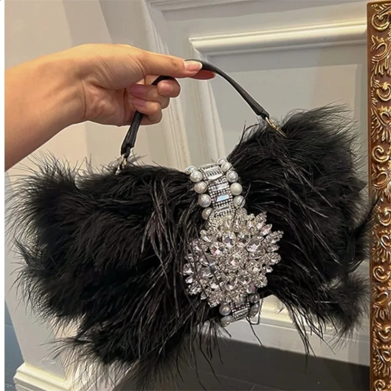 Ostrich Feather Handbags Diamond Bag Pearl Evening Bags For Women Shoulder Crossbody Bag Party Purse Wedding Clutch 250218