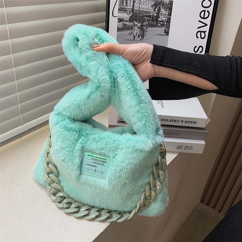 Evening Bags Fashion ladies one-shoulder tote bag retro plush solid color casual messenger bag travel street acrylic chain decoration handbag 230826