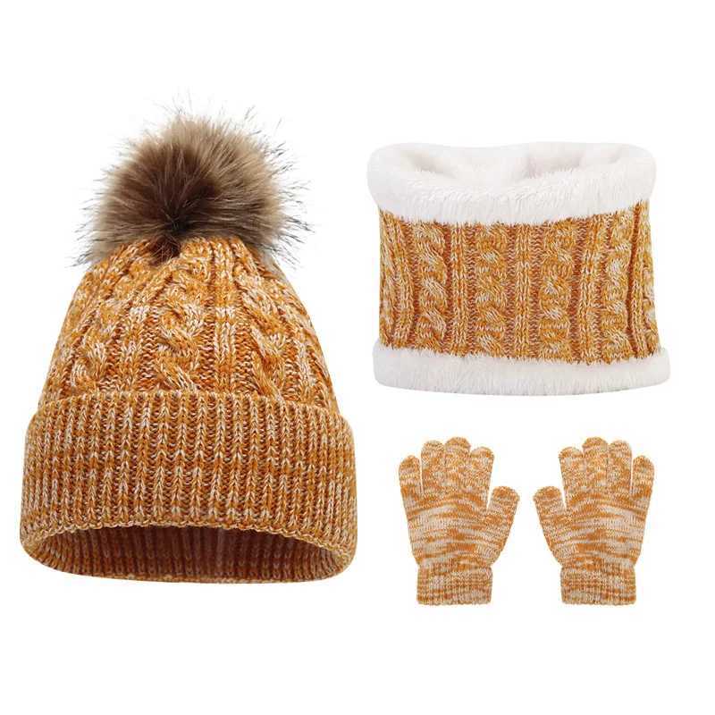 3pc312Y childrens cap scarf gloves autumn and winter threepiece set warm and fluffy scarf mixedcolor cap Z251029
