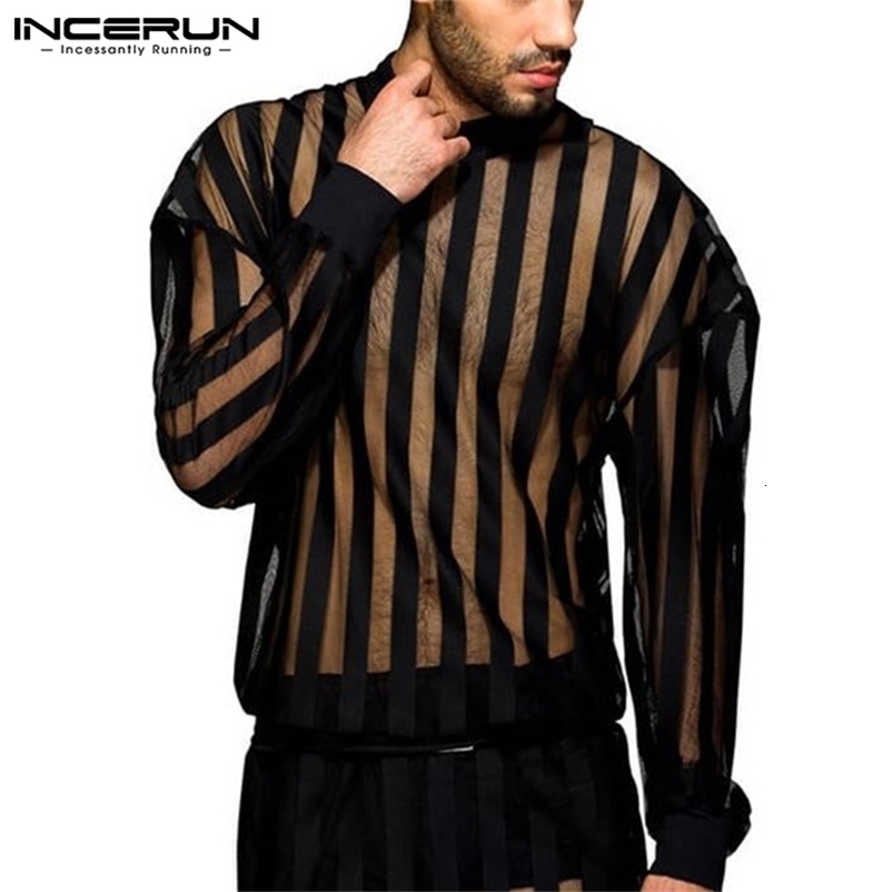 INCERUN Men Striped T Shirt Mesh Sexy See Through O Neck Long Sleeve Party Nightclub Tee Tops Streetwear Casual Camisetas 7 220819