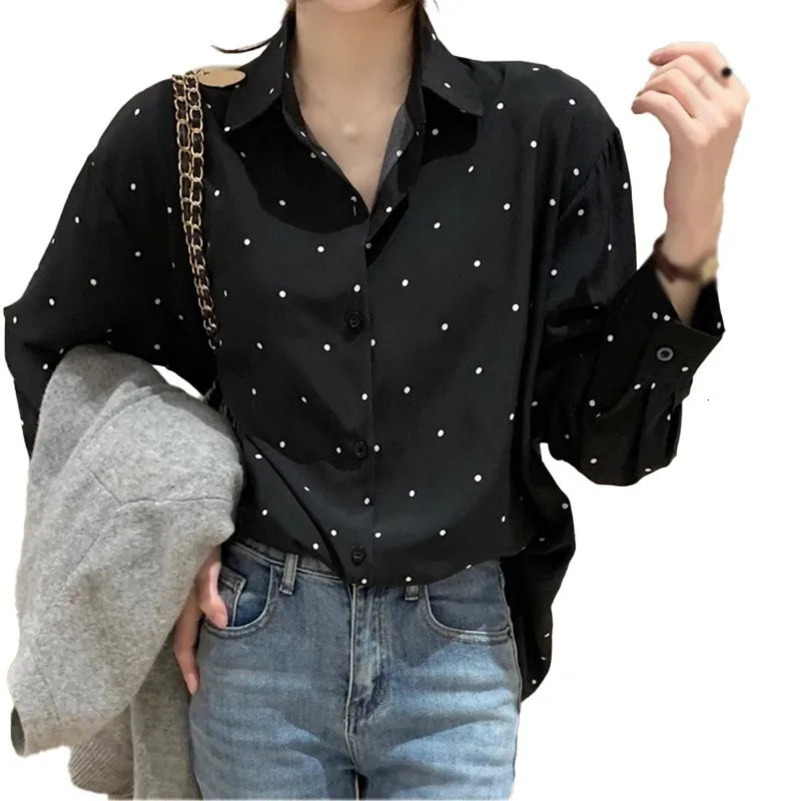 Womens V-neck Polka Dot Long Sleeve Elegant Shirt Retro Lapel Loose Color-Collision Long Sleeve Fashion Single-Breasted Blouse 250417