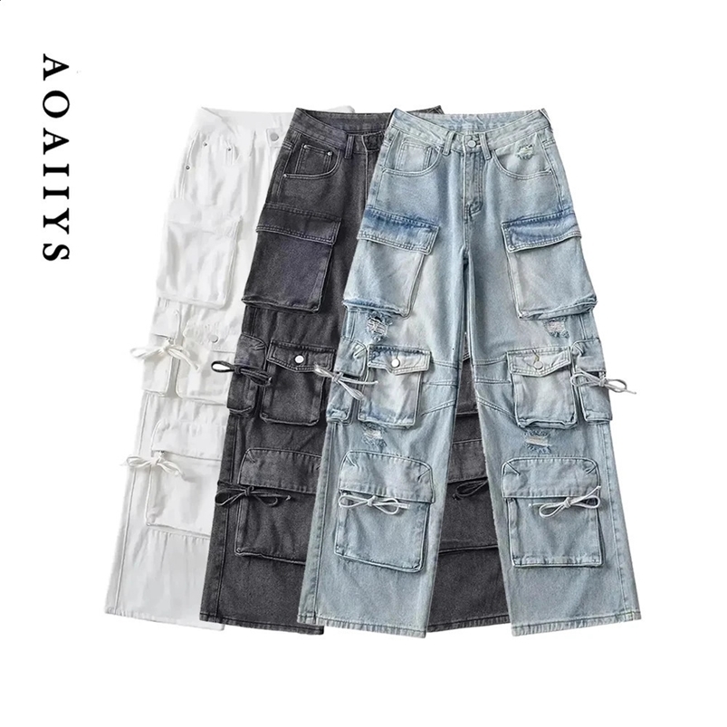 Aoaiiys Ripped for Women American Style Denim Pants Loose Wide Leg Trousers Vintage Strtwear High Waisted Jeans Z260313