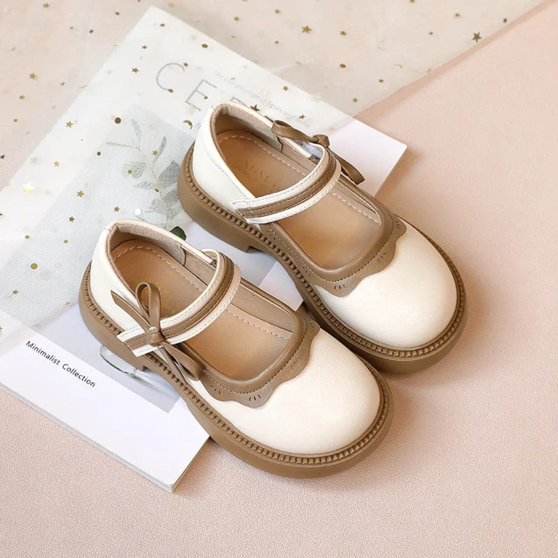 Girls Leather Shoes with Anti Slip Round Toe Bow Spring Autumn Outdoor Girls PU Casual Leather Shoes Sandalias De Mujer 241220