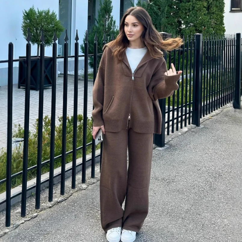 Autumn Winter Fashion Casual Loose Women Two Piece Set Knitted Zipper Long Sleeve Winter Warm Cardigan CoatWide Leg Pants Suit 250113