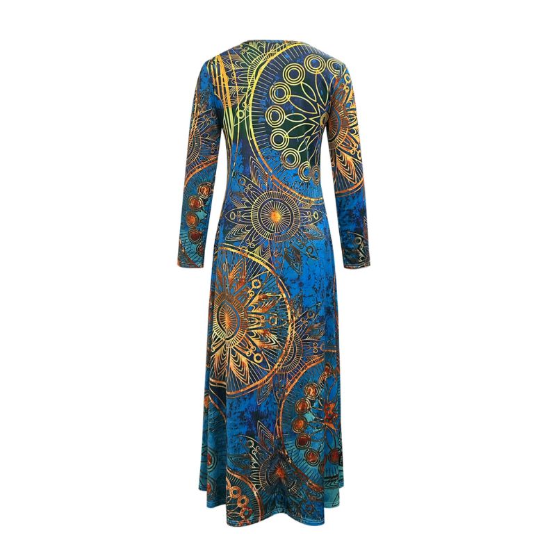 Women's Ethnic Retro Printed Long Dress, V - Neck Long Sleeve Milk Silk Maxi Dress for Party & Casual-CF40367
