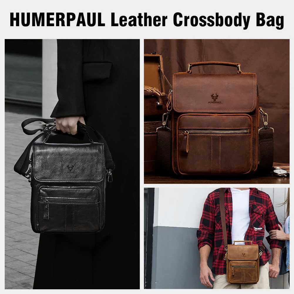 HUMERPAUL Genuine Leather Mens Shoulder Bag Luxury Work Business Messenger Bags Fashion Male Crossbody with Adjustable Straps J251025