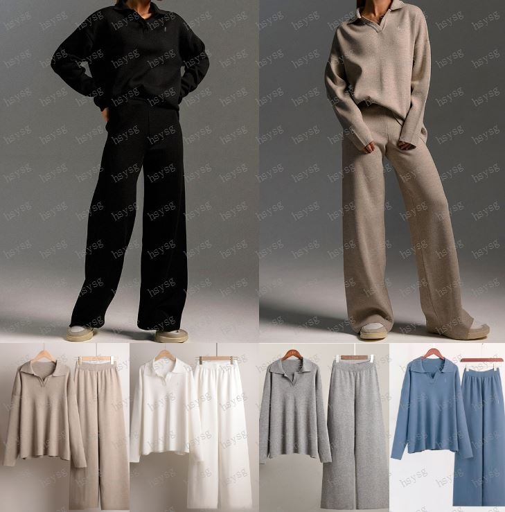Yoga Outft Suits Women Sweater Two Piece Autumn Winter Polo Neck Knitted Pullover Wide Leg Pants Jogger Suit Gym Tracksuit