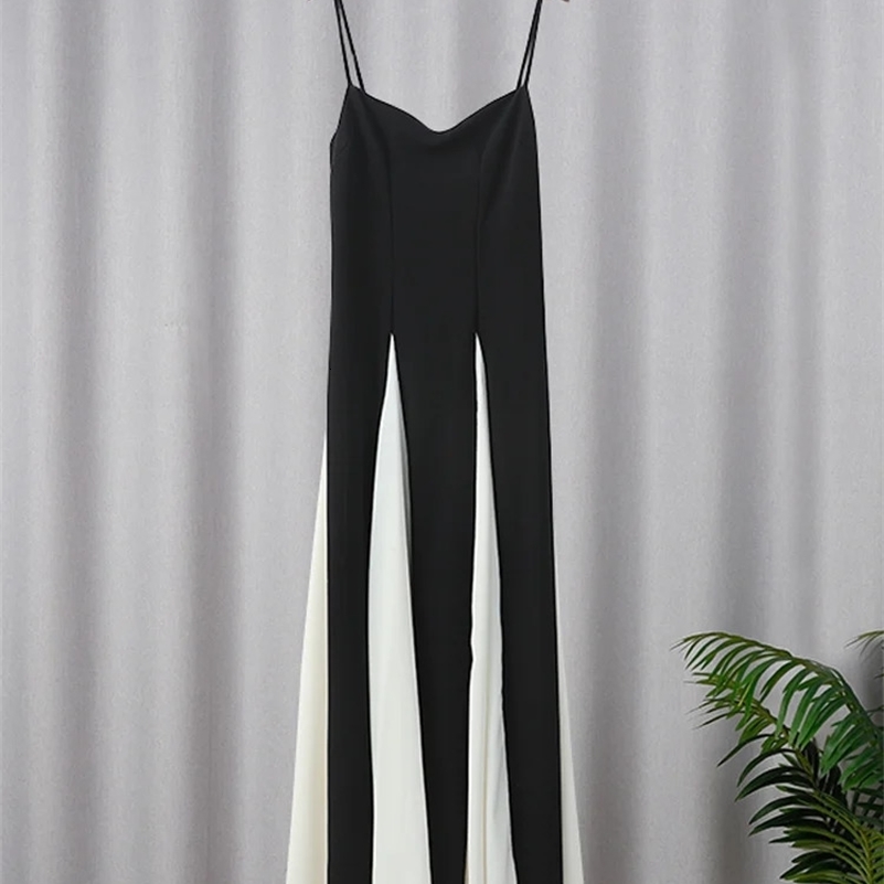 Elegant Black White Contrasting Women Sling Dress Fashion Backless Sleeveless High Waist Maxi Dresses Female Party A-line Robes 241228