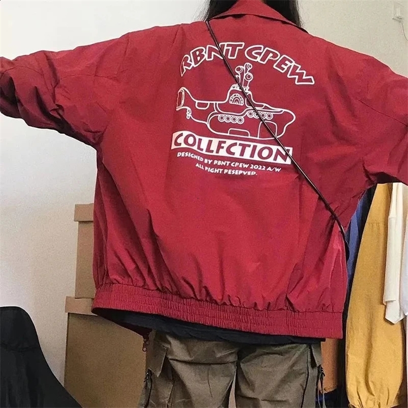 Streetwear Red Bomber Jackets Women Oversized Print Jacket Y2K Harajuku Zip Up Wind-Proof Outwear Korean Loose Casual Coat Tops 240827