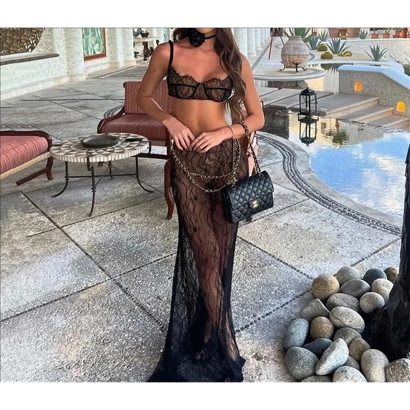 DRC Sexy Dresses 2 Piece Sets Crop Top Maxi Skirt Elegant Party Evening Sheer Lace Dress Vacation Outfits for Women 2025 250113