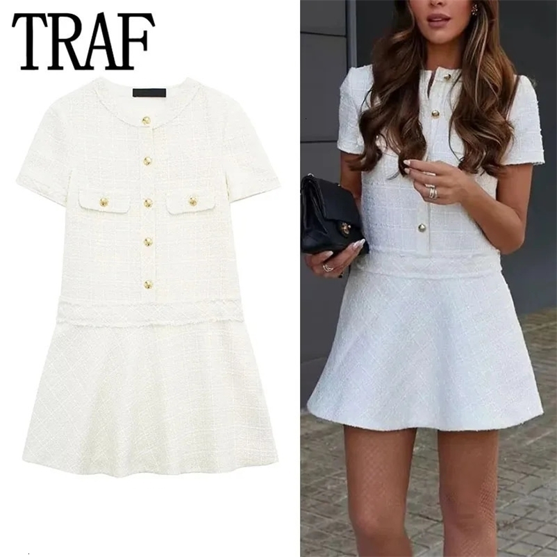 TRAF Tweed Short Dresses For Women Textured Short Sleeve Mini Dress Woman Summer Vintage Elegant Dresses Womens Office Dress 240529