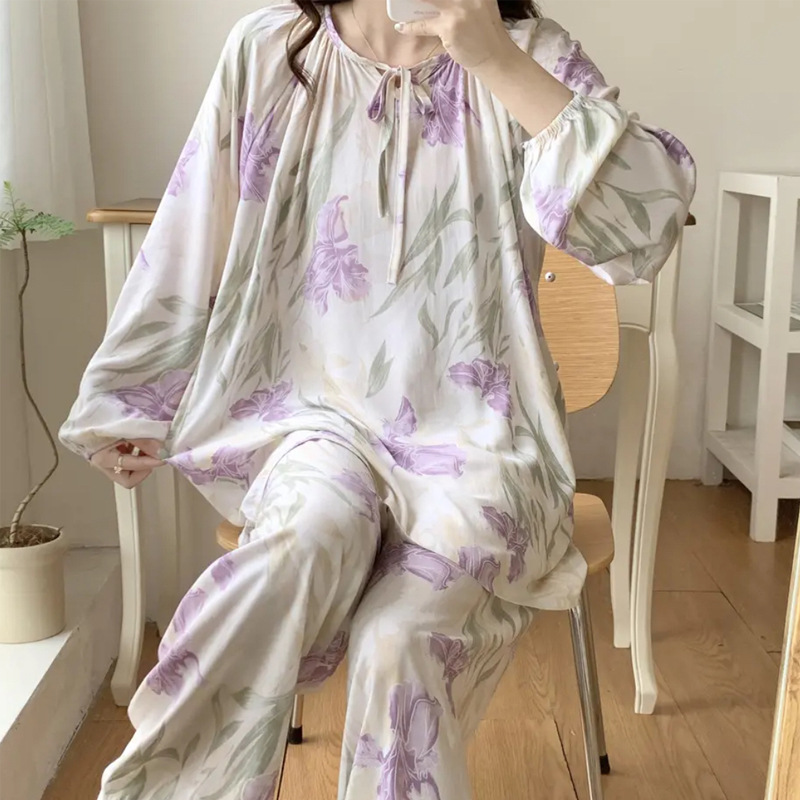 D15-Cotton silk pajamas women spring and summer thin loose large size mid-sleeve trousers artificial cotton suit home and outdoor