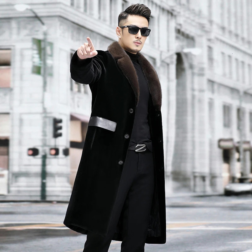 Mens Winter Pocket Sheep Wool Coat Mens Genuine Mink Collar Leather Jacket Mens Long Leather Warm Coat P508 241112