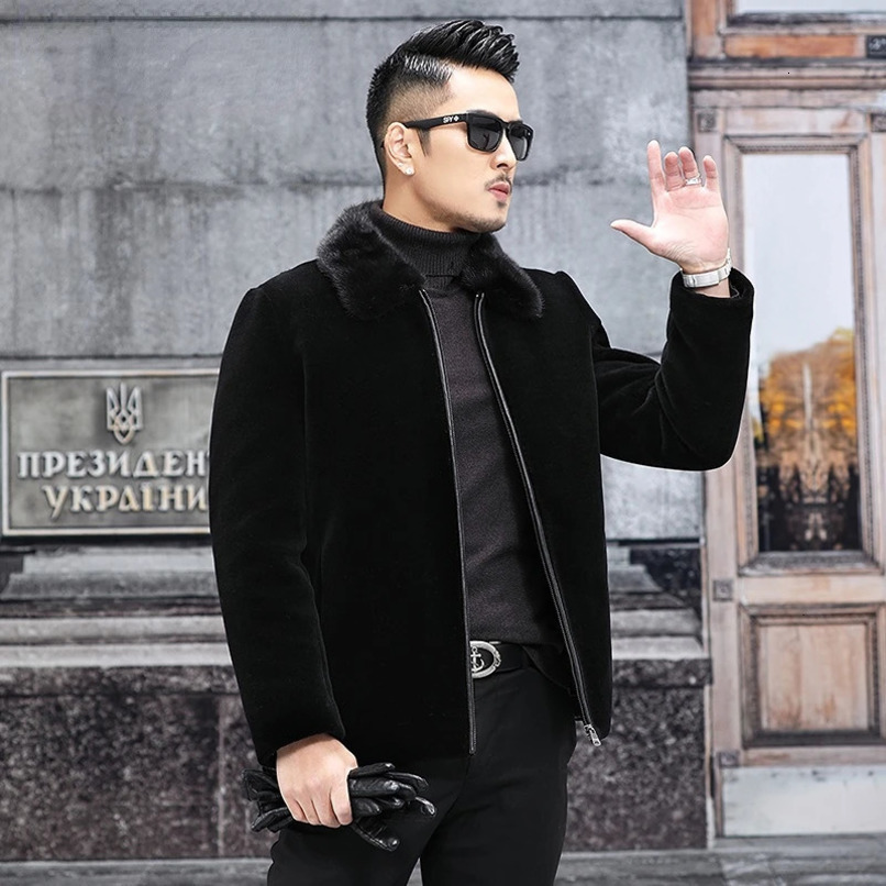 Mens autumn and winter fashion mink collar jacket mens long sleeved casual jacket mens genuine leather warm jacket S139 241112