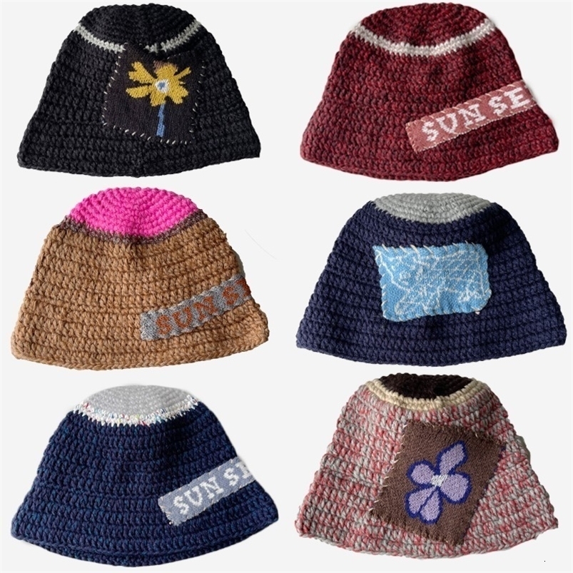 Wide Brim Hats Bucket Hats Ins Vintage Hand-woven Patchwork Warm Beanies Women Autumn Winter Korean Color Matching Y2k Flowers Knitted Bucket Hat 2308