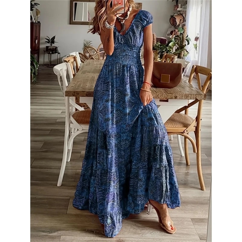 Boho floral print ruffle neck long dress-WOMENS summer swing dress 240529