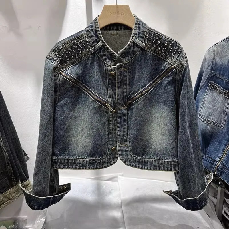 Short Cow Coat Diamond-Encrusted Women Denim Jackets Outwear Fashion Spring Autumn Chic Zipper Denim Jacket Female 250122