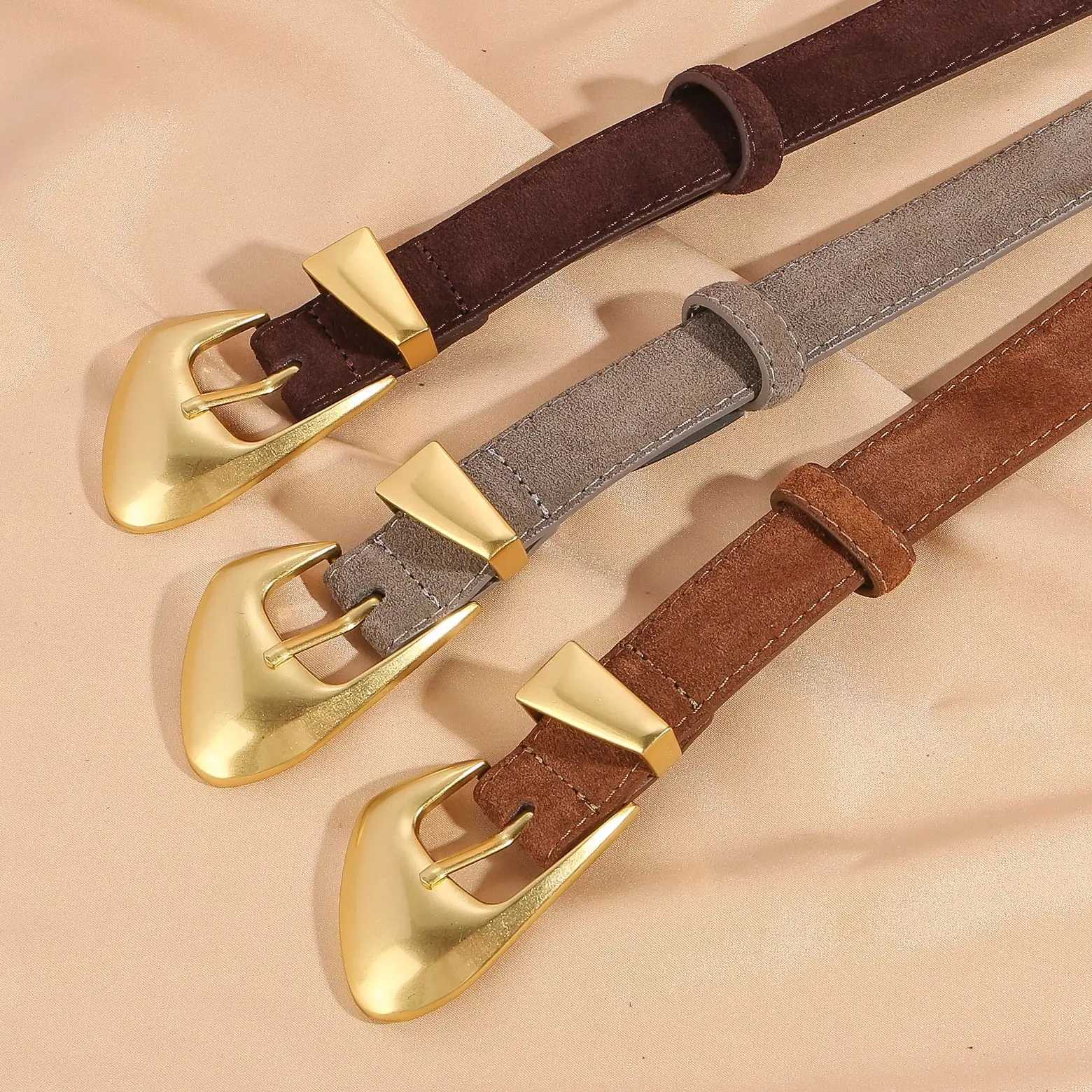 Fashion Womens Suede Leather Belt Skinny Waistband with Gold Alloy Buckle Casual Accory belts for Jeans Dres and Pants W250923